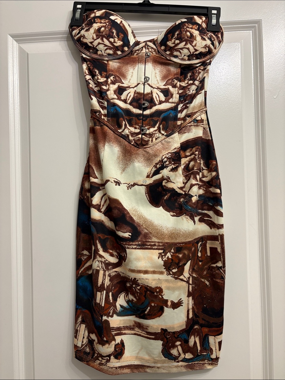Fashion Nova Strapless Bustier Midi Dress in Brown, Cream and Blue
